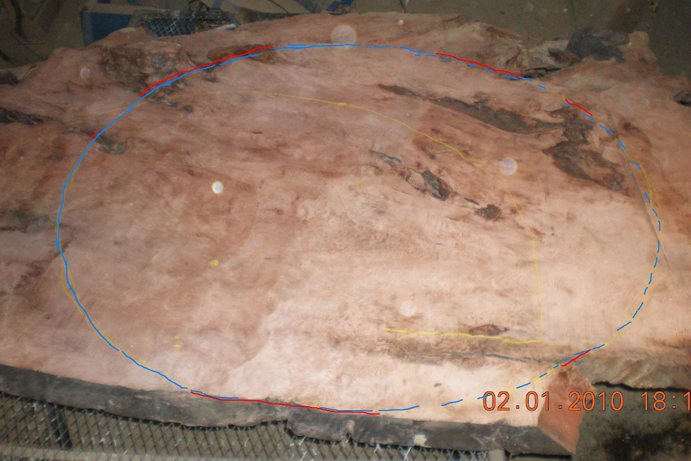 Blue circle is 60 inches in diameter. Red indicates edging areas of burlish materials.