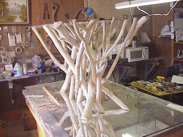 This is a tangle we bleached almost white. It sits in a mostly black and white kitchen.