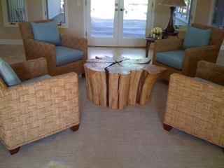 Amorphic stump table as a coffee table.